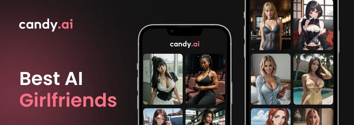 Candy AI showing a grid of AI girlfriends and the app running on a phone